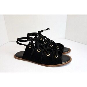 Urban Outfitters Bonnie Suede Leather Lace Up Ankle Wrap Sandals Black Women 8